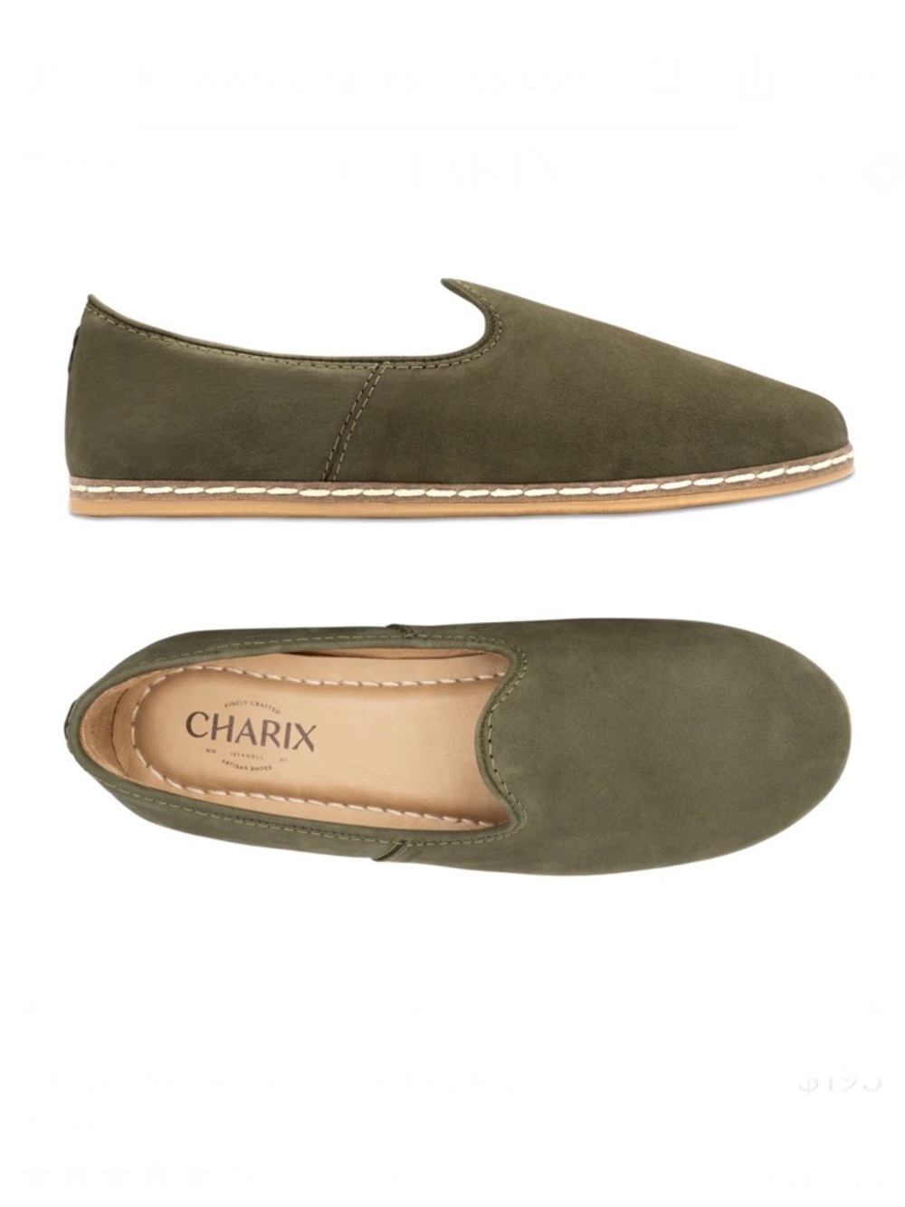 CHARIX Olive Nubuck Slip On Leather Flats Women’s Sz 39/8.5-9